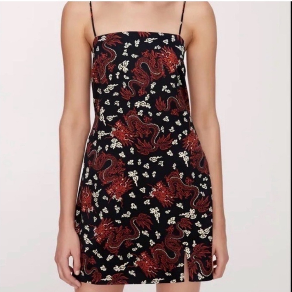 ZARA Dragon Lady Mini Slip Dress XS Black Red Spaghetti Strap Side Slit